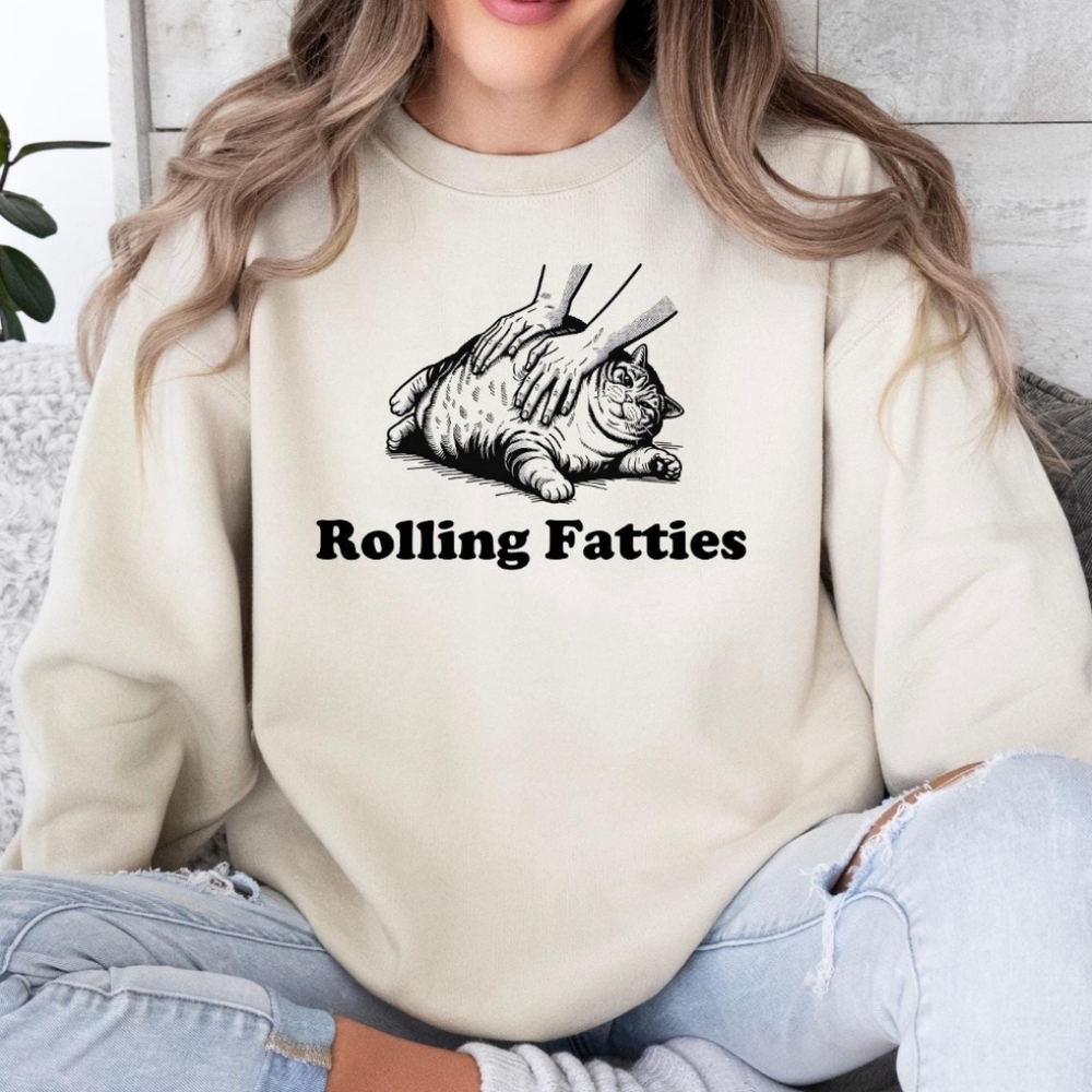 Rolling Fatties Funny Cat Graphic Crewneck Sweatshirt NEW